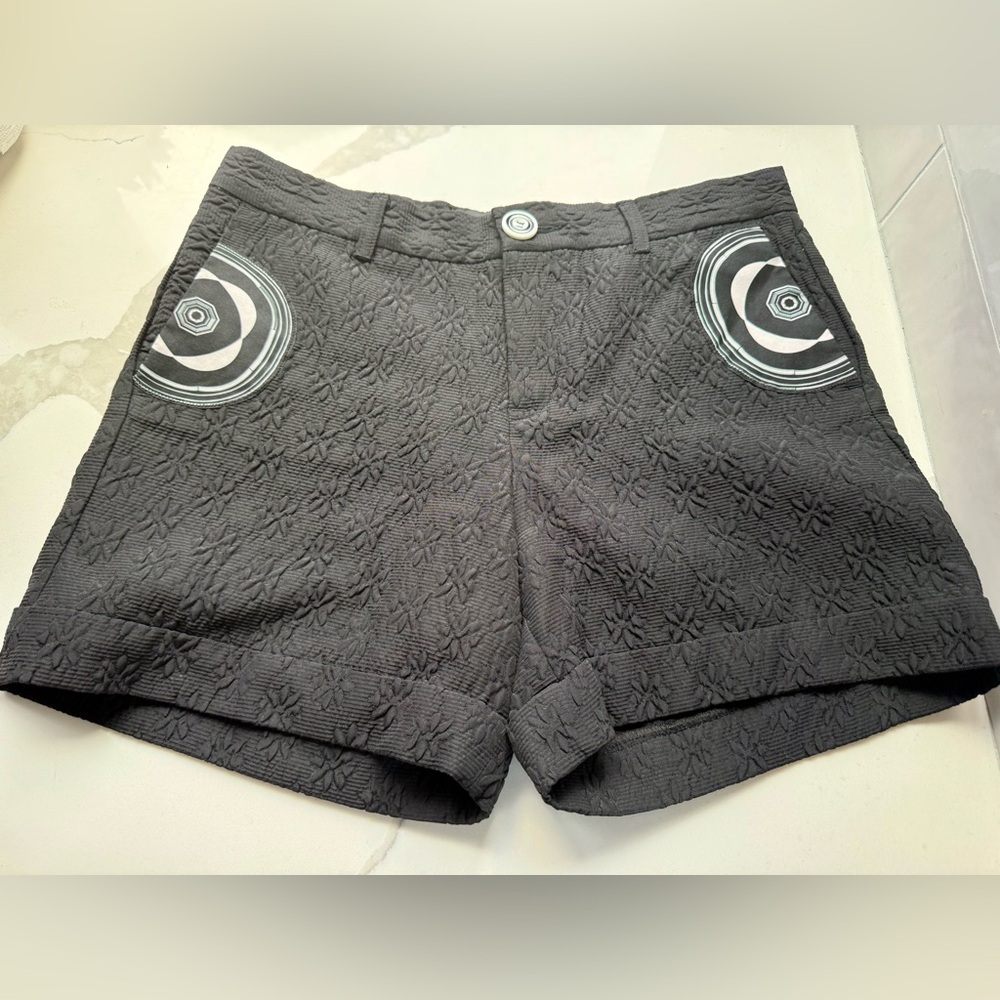 Desigual Black High-Waist Textured Shorts with Circular Pocket Trim
